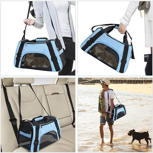 Portable travel carrier for small and medium-sized pets.